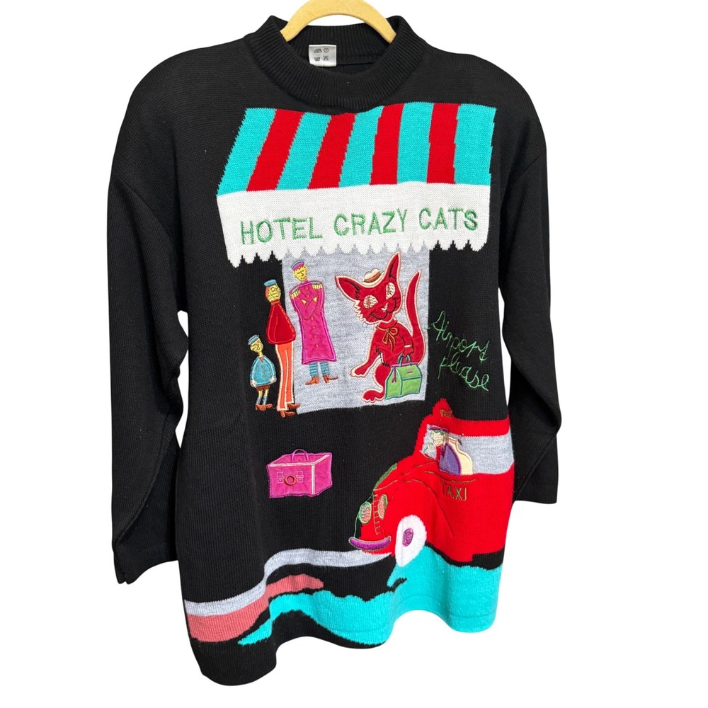 Jolie‎ Moi Sweater Hotel Crazy Cats Vintage Novelty Black XL Excellent Graphic